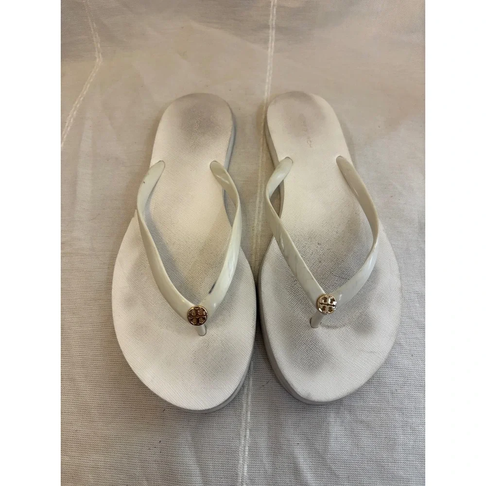 Tory Burch White Rubber Flip Flops Logo Medallion Thong Sandals Womens 9M